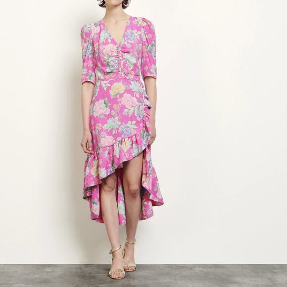 SANDRO Paris Leoni Rose Pink Floral Ruffle Midi Dress - Picture 1 of 14